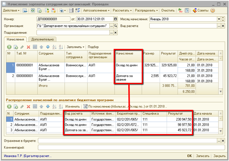 Начисление зарплаты сотрудникам организации